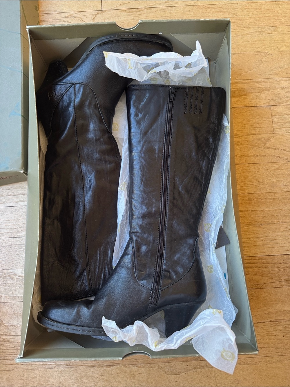 Born Black Leather Knee-High Heeled Boots with Side Zip